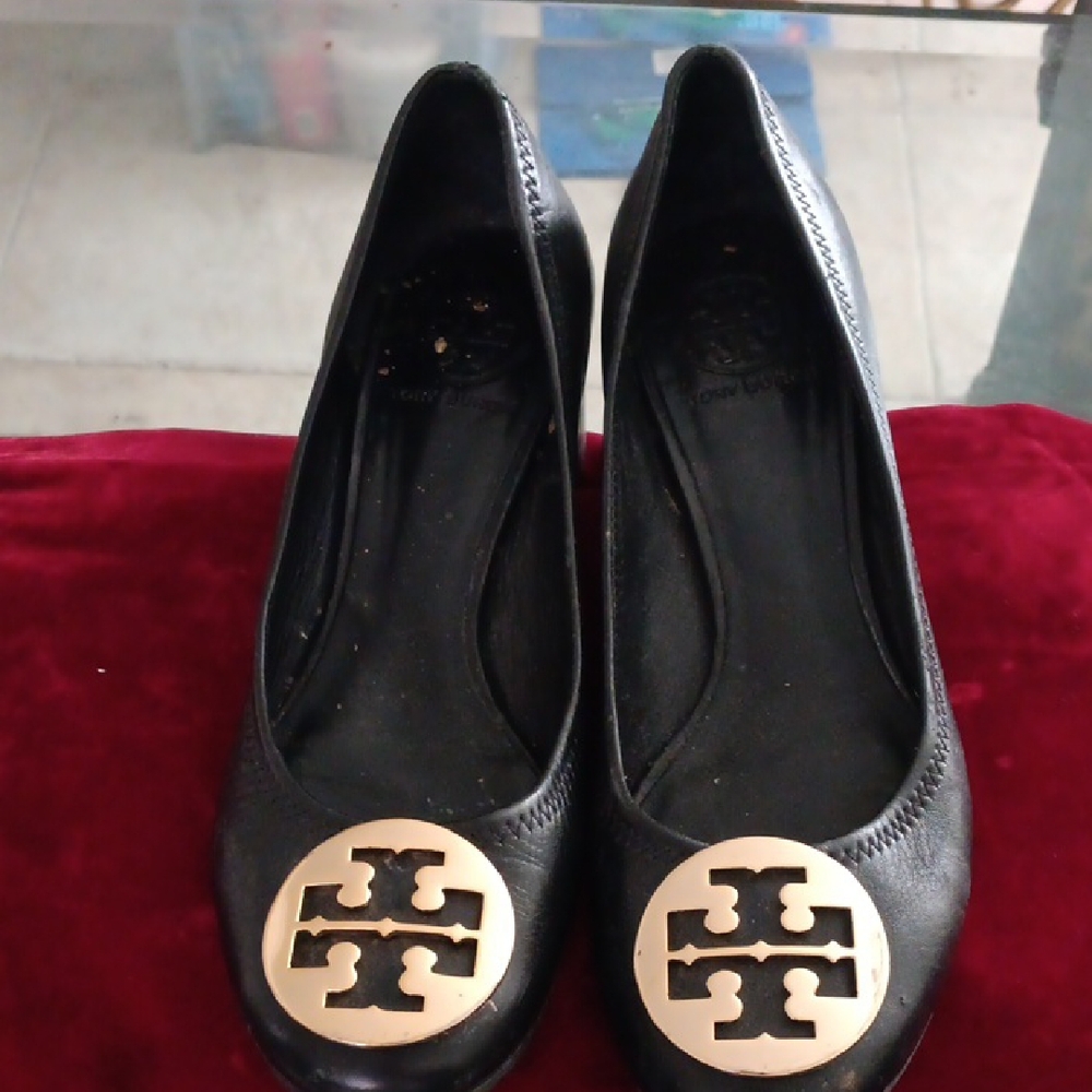 Tory Burch Black Flats with Gold Emblem